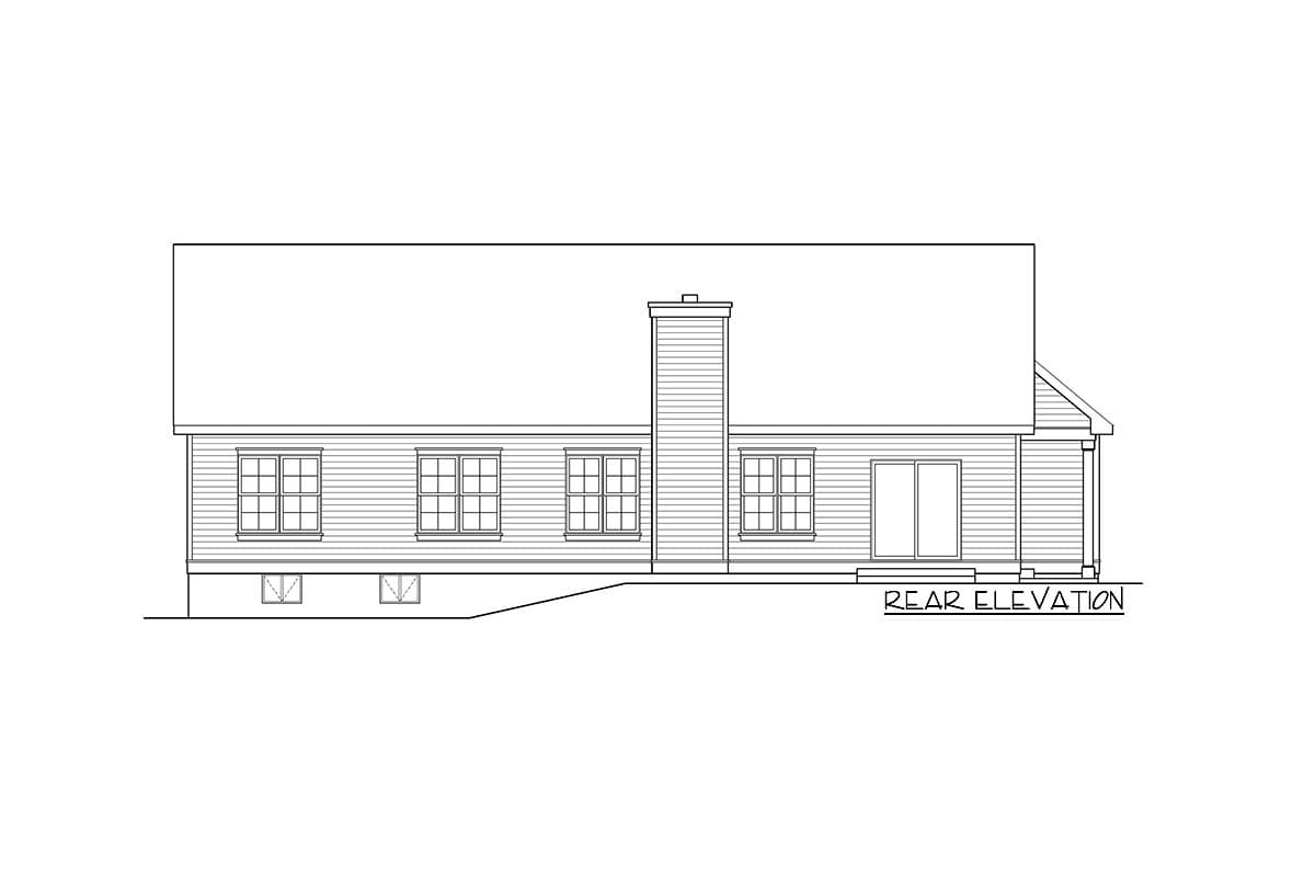 Rear elevation drawing of a house plan featuring multiple windows, a prominent chimney, and a sliding glass door.