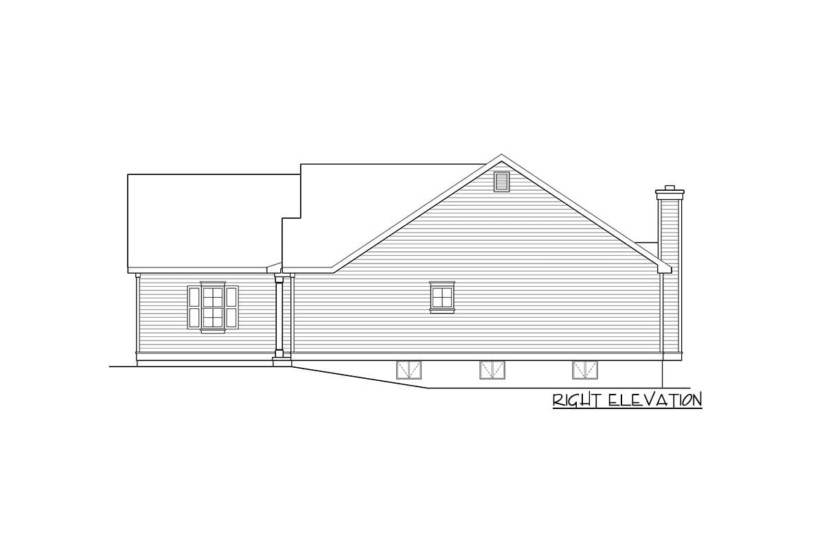 Right elevation drawing of a house plan showing a gambrel roofline, two windows, and a chimney.