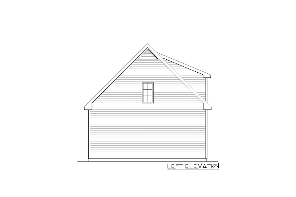 Floor plan drawing showing the left elevation with horizontal siding and a gabled roof with a dormer.