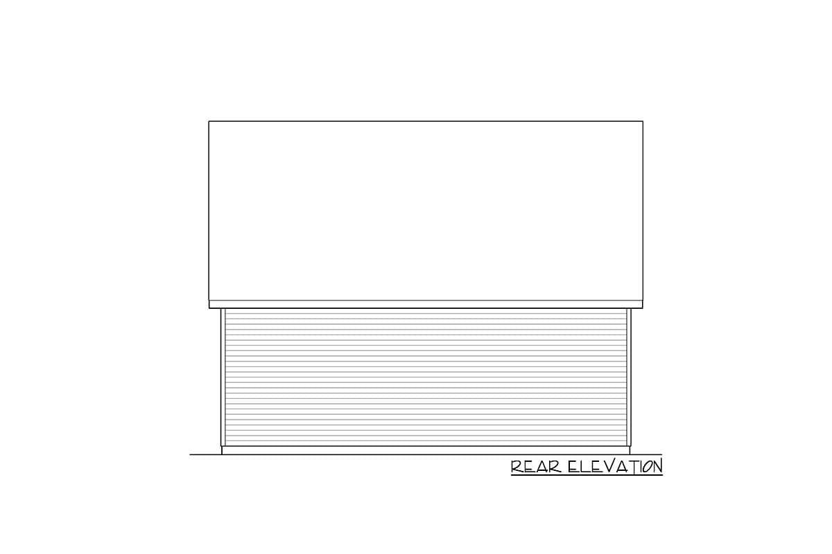 Rear elevation drawing of a house plan, showing a garage door with horizontal paneling and a blank upper wall.