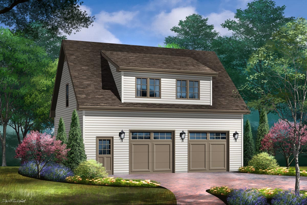 House plan exterior. Two-story garage plan featuring a gable roof, dormer with windows, and two garage bays with paneled doors.