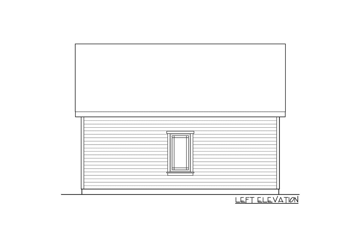 Left elevation house plan with horizontal siding and a single window.