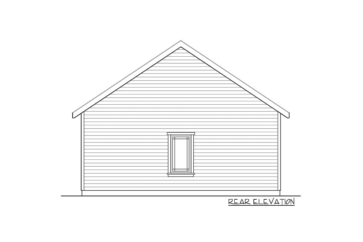 Rear elevation drawing of a house plan showing horizontal siding and a single window.