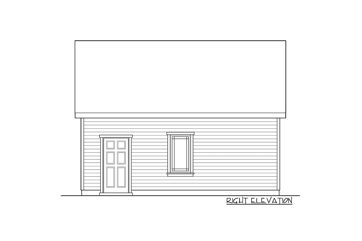 Right elevation house plan showing a clapboard siding, a six-panel door, and a rectangular window.