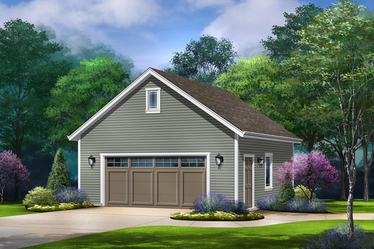 House plan exterior. Two-story garage with gable roof, dormer, and multiple-pane garage door. Includes a side door and sconce lighting.