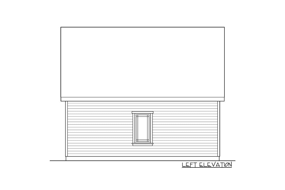 Left elevation drawing of a two-story house plan with horizontal siding and one central window.