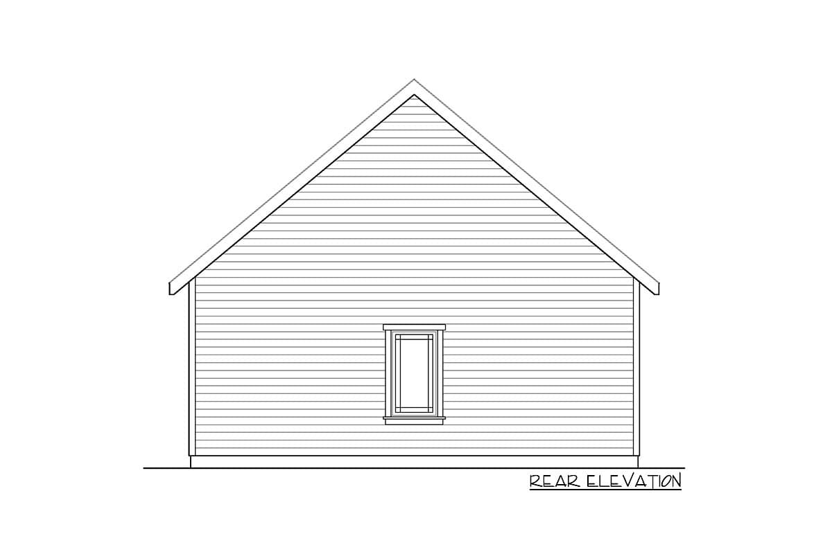 Rear elevation drawing of a house plan featuring horizontal siding and a single rectangular window centered within a gable.