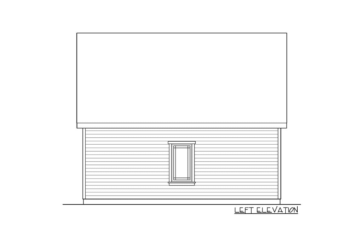Left elevation drawing of a house plan showing horizontal siding and one central window.