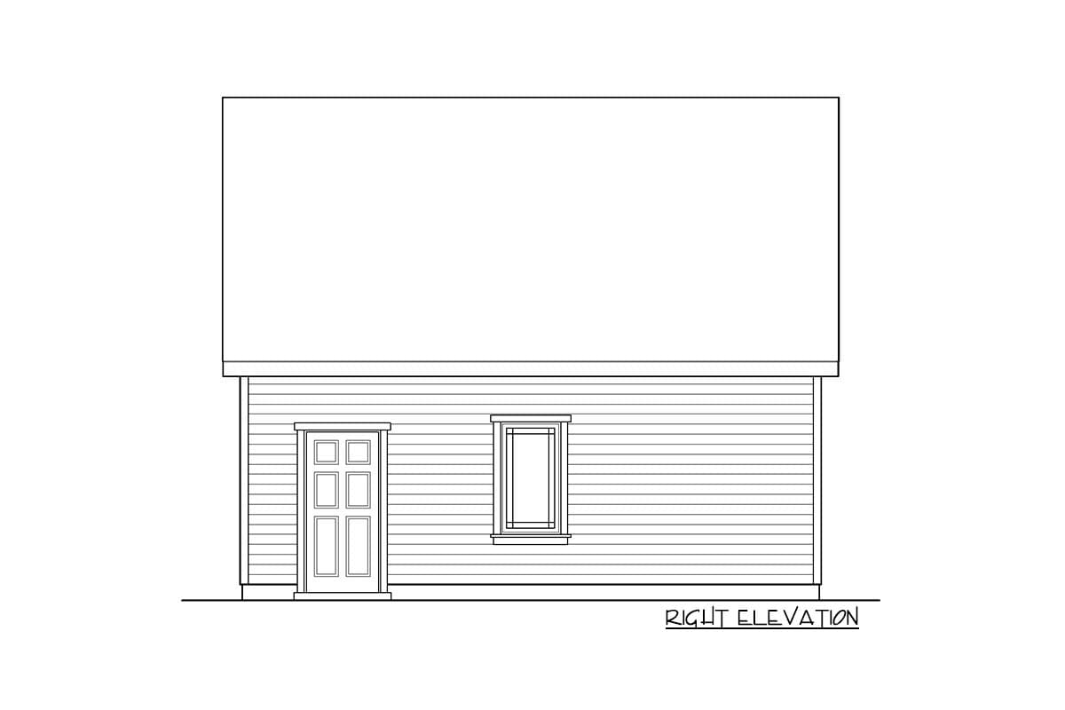 Right elevation drawing of a house plan showing a paneled door, a casement window, and horizontal siding.