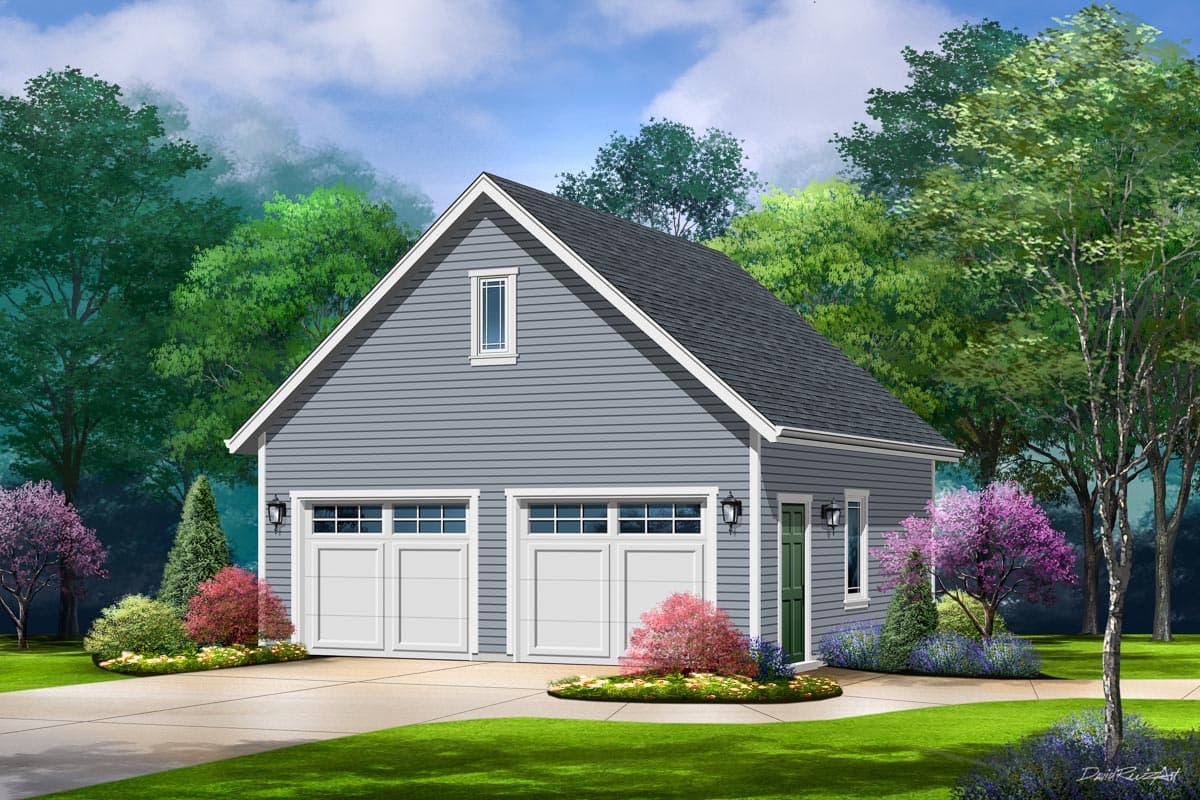 House plan exterior. Two-story garage with a gabled roof. Features include two garage bays, a dormer, and traditional rooflines.