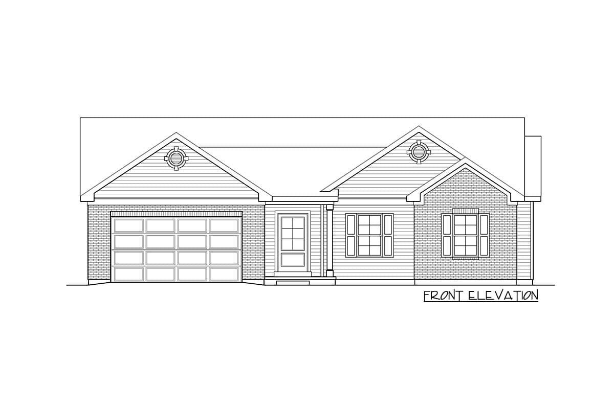 Front elevation drawing of a one-story house with a two-car garage, brick accents, and a covered entryway.