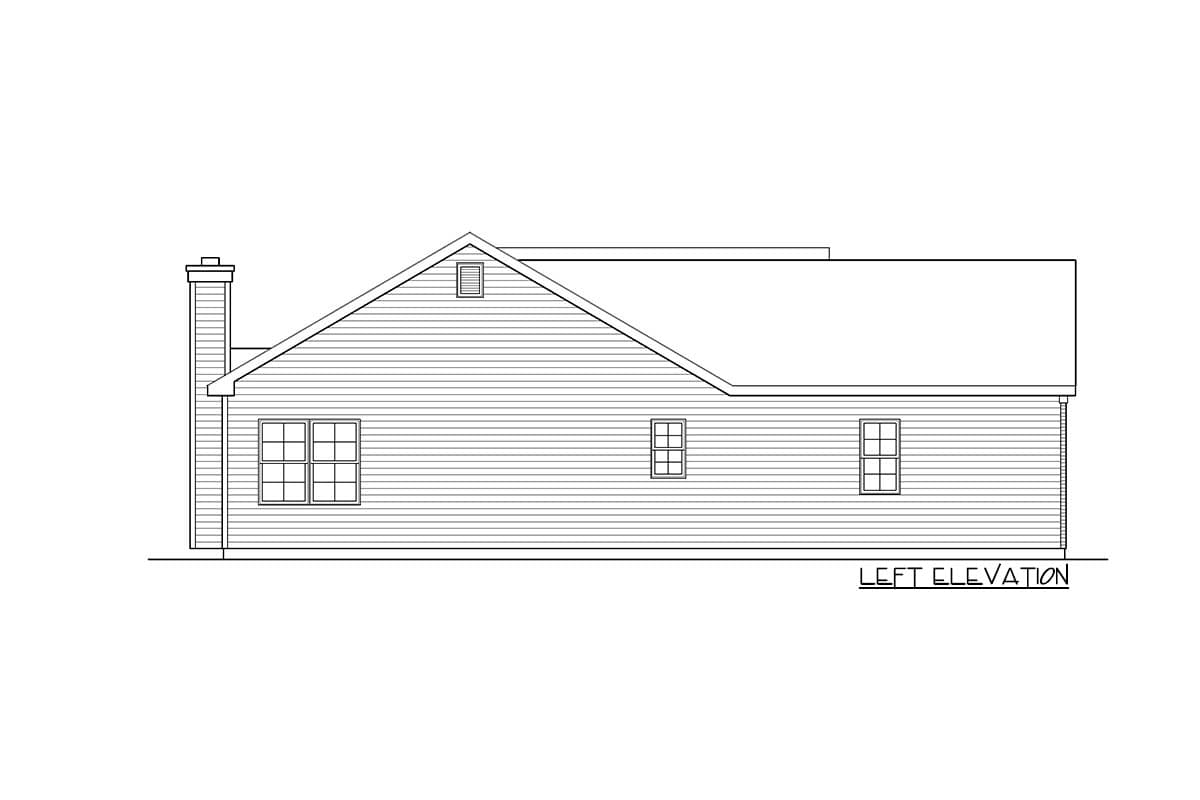 Left elevation drawing of a house plan featuring a chimney, multiple windows, and horizontal siding.