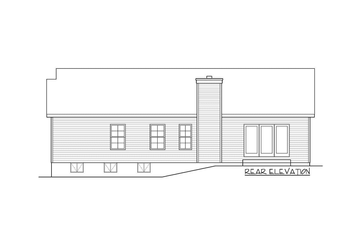 Rear elevation of a house plan featuring a chimney, three windows, and a triple-paneled door.