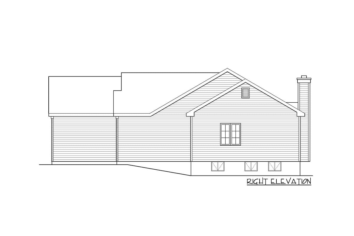 Right elevation house plan: One-story with gabled roof, dormer, two windows, and chimney.