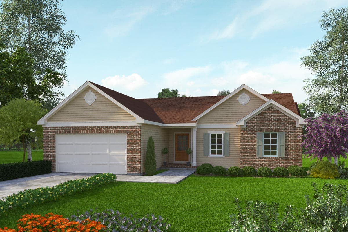 House plan exterior. One-story ranch-style home with brick accents, two gabled roof sections, and an attached garage with a front-facing orientation.