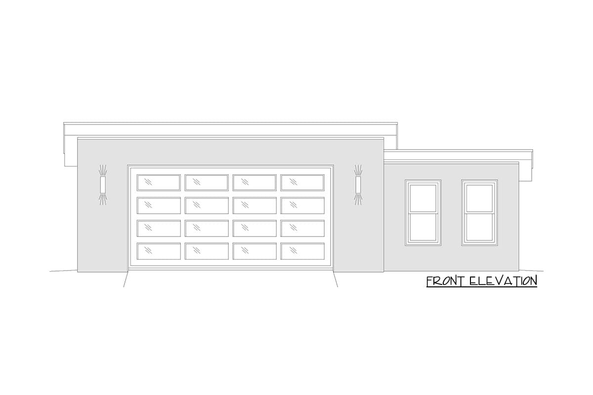 Front elevation of a house plan showing a multi-pane glass garage door, two windows, and wall sconces.