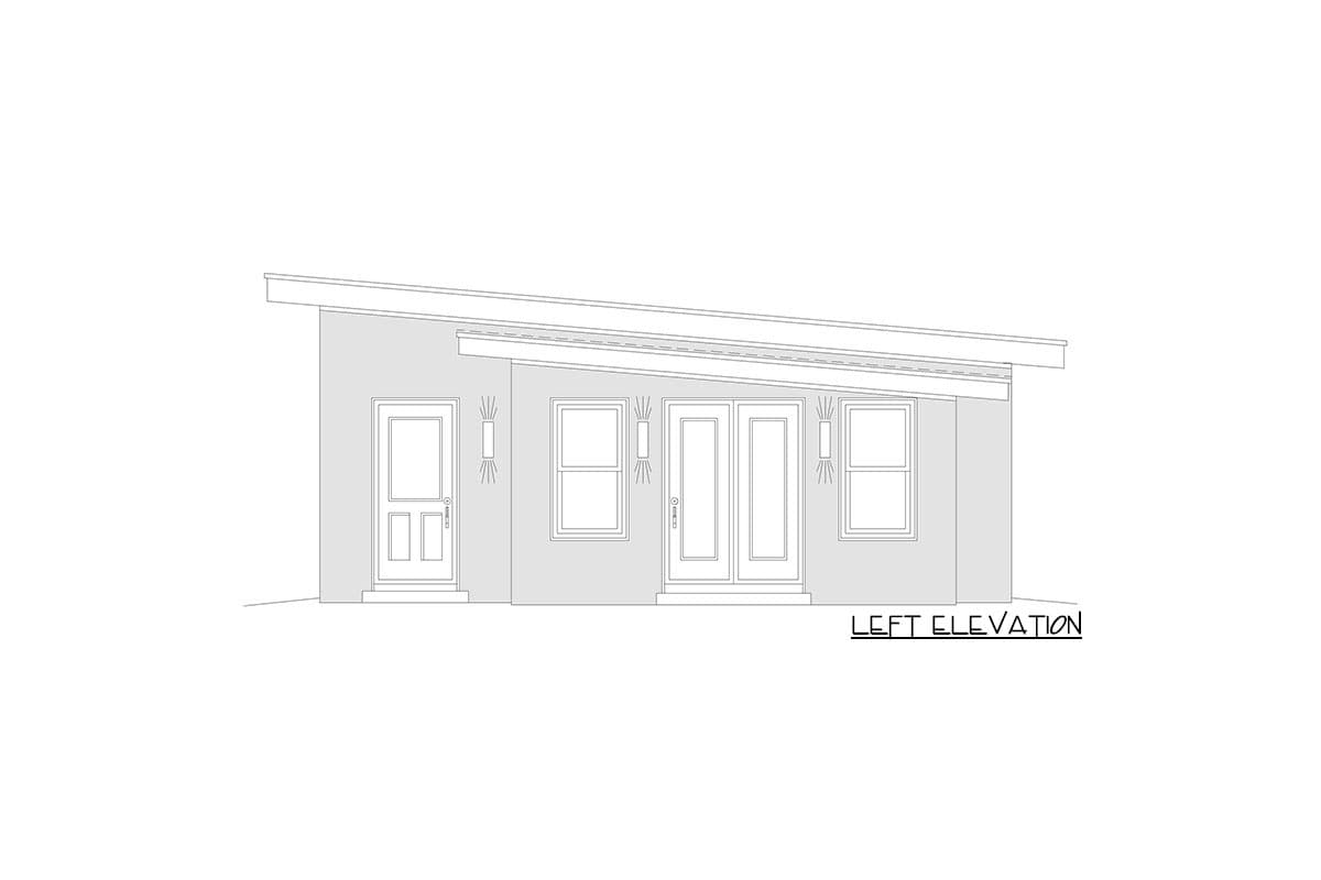 Left elevation of a house plan with a single door, double doors, three windows, and a sloped roof.