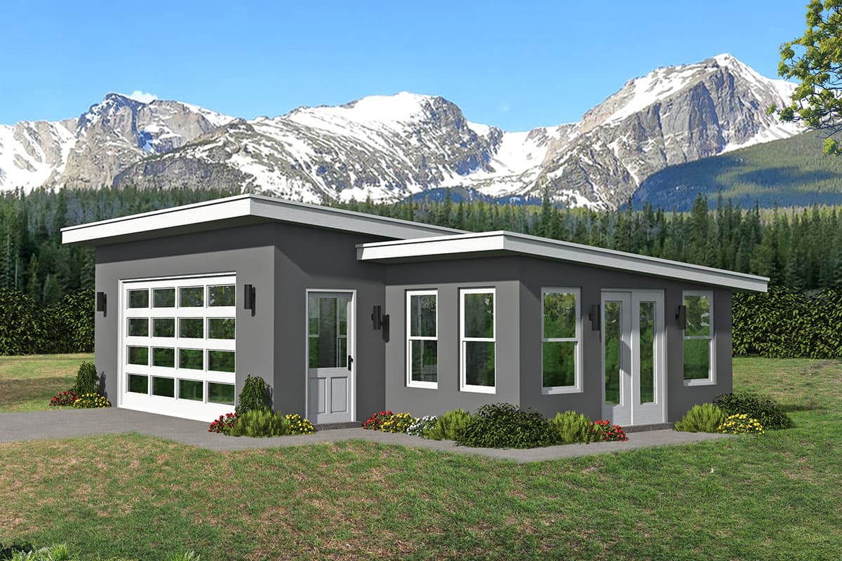 House plan exterior. Modern style with flat roof. Features include glass garage door, a single door, and large windows. Single story.