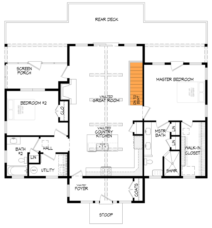 Plan 68791VR: Split Bedroom Vacation Home Plan with Vaulted Interior and Large Rear Deck - Floor Plan - Main Level - Walkout (Standard) - Country, Mountain, Rustic