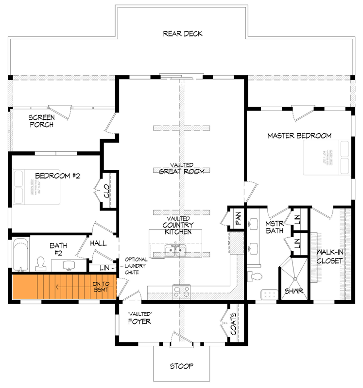 Plan 68791VR: Split Bedroom Vacation Home Plan with Vaulted Interior and Large Rear Deck - Floor Plan - Main Level - Walkout Option  - Country, Mountain, Rustic