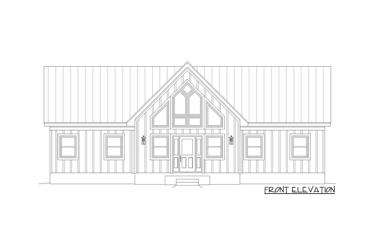 Front elevation of a house plan featuring a steeply pitched roof, a prominent gable with multi-pane windows, and a centered entryway.