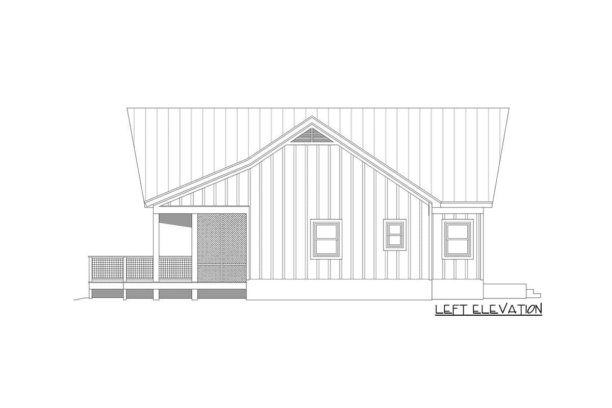 Left elevation house plan showing a covered porch, screen porch, deck, vertical siding, and gable.