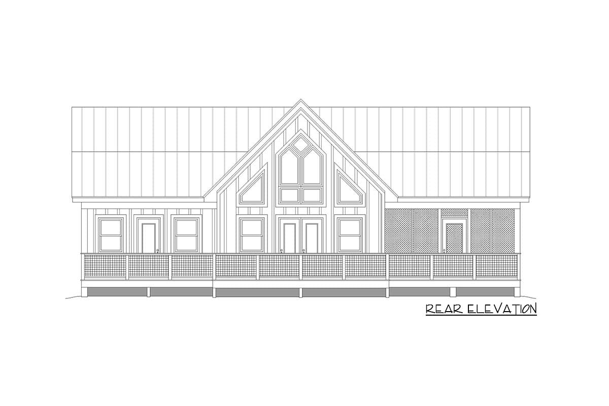 Rear elevation drawing of a house plan with a gable roof, large central windows, and a wraparound porch.