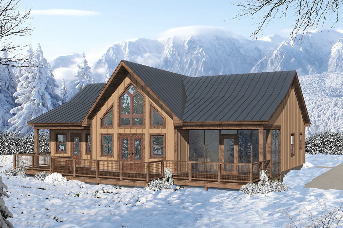 House plan exterior: Modern cabin style, one story, with a wraparound porch, large gabled windows, and metal roof.