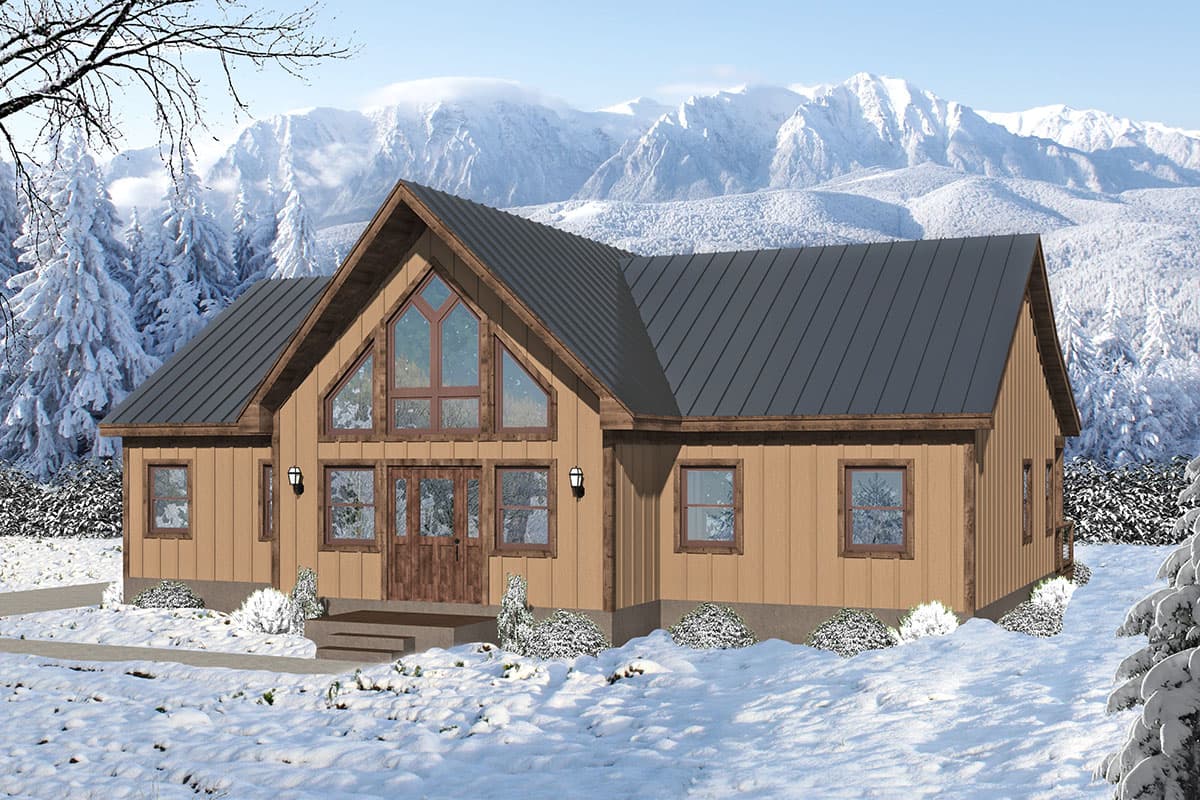 House plan exterior with two stories and a gable roof. Features include large windows in the front, and a covered entryway.