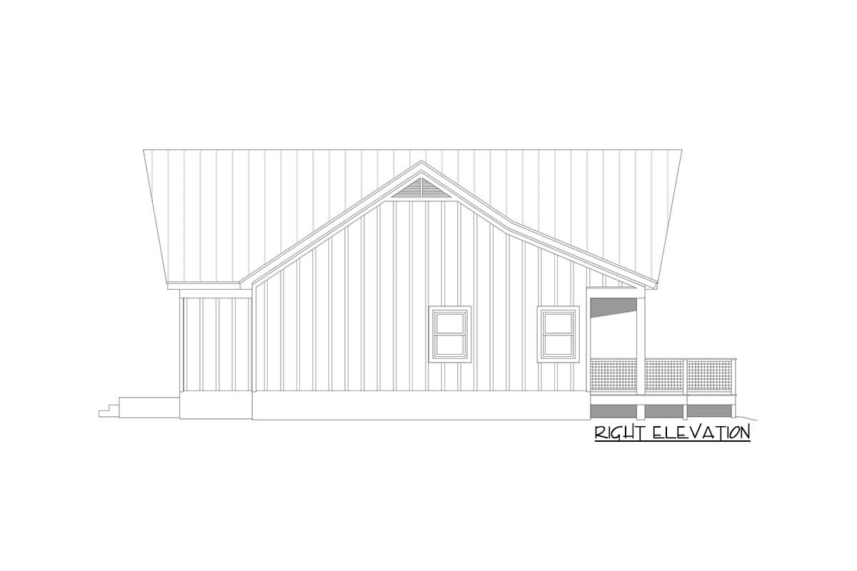 Right elevation house plan showing vertical siding, gabled roof, two windows, and a porch with railing.