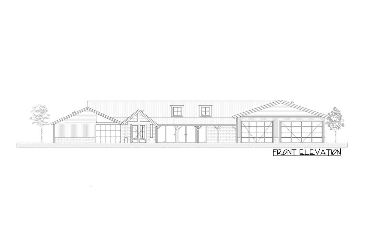 Front elevation drawing of a house plan with a long, asymmetrical roofline, multiple gables, a central entrance, and a three-bay garage.
