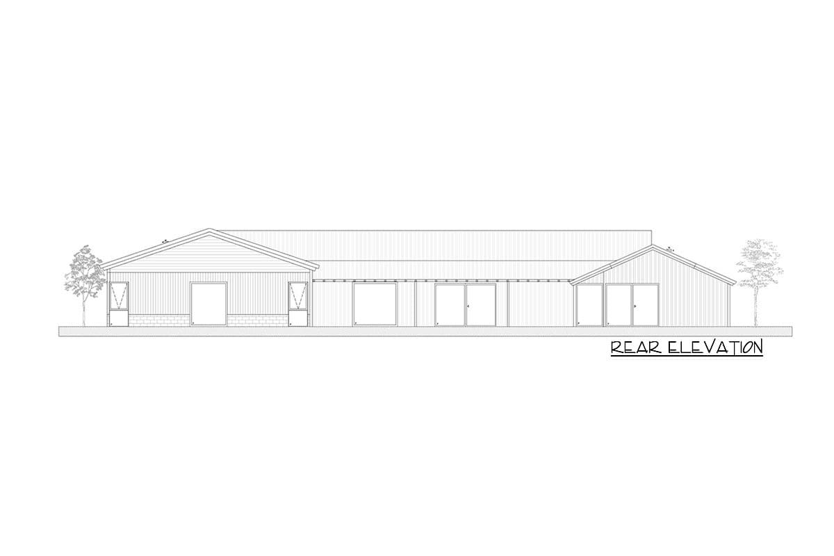Rear elevation drawing of a single-story house plan featuring gables, multiple doors, and large windows.