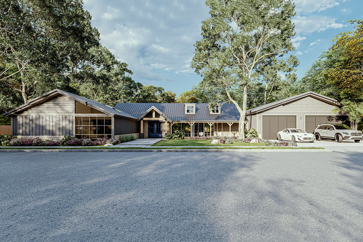 House plan exterior. Ranch style with a gable roof, covered porch, dormers, and attached two-car garage. Features a metal roof and large windows.