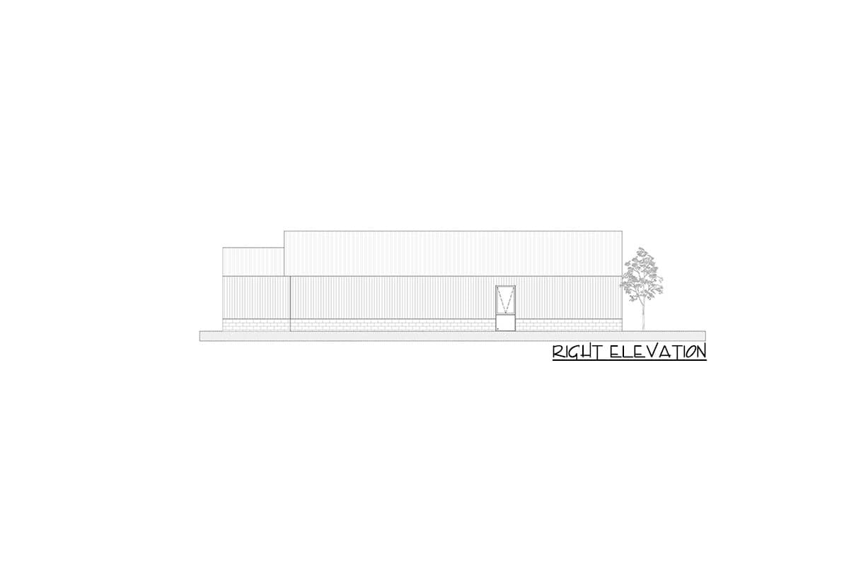Right elevation drawing of a house plan featuring vertical siding, a brick base, and a single door.