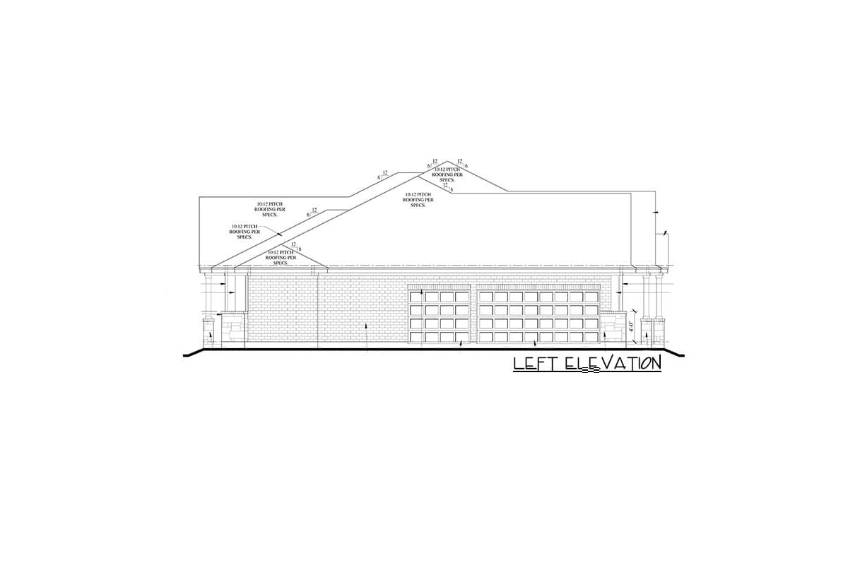 Left elevation drawing of a house plan showing a brick facade, multiple garage doors, and varied roof pitches.