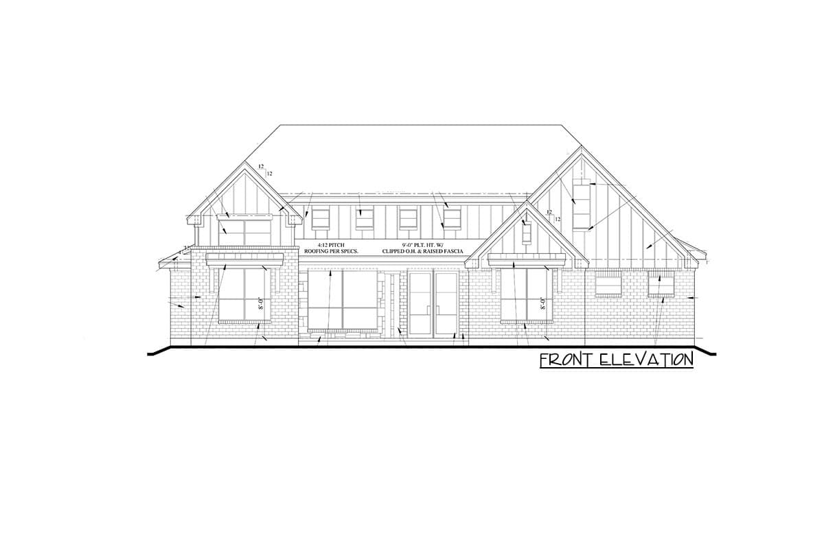 Front elevation drawing of a two-story house plan with brick exterior, multiple gables, and various window styles.