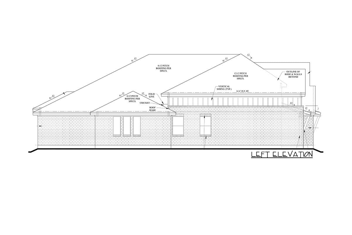 Left elevation house plan drawing showing brick walls, roof pitches, vertical siding, and roof details.
