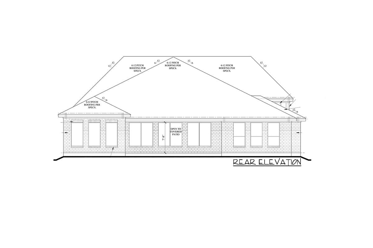 Rear elevation drawing showing a house plan with a 6:12 pitch roof, multiple windows, and an open covered patio.