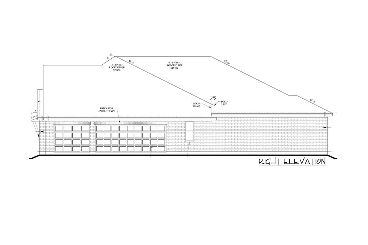 Right elevation house plan showing brick facade, garage doors, and multi-pitch rooflines with dimensions.