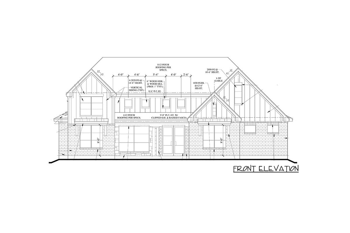 Front elevation drawing of a two-story house with brick base, vertical siding, gables, and clipped overhangs.