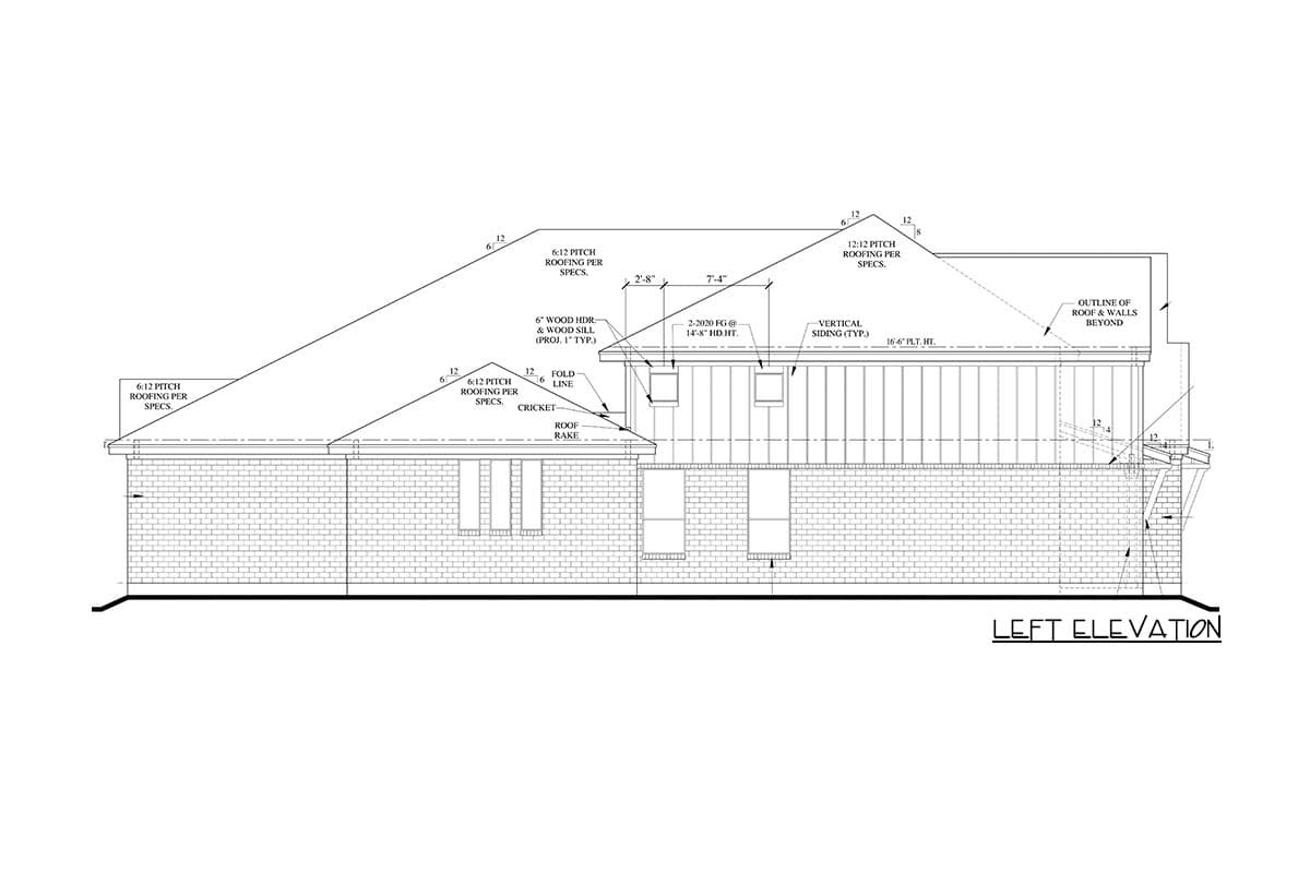 Left elevation of a house plan showing brick base, vertical siding, and varying roof pitches.