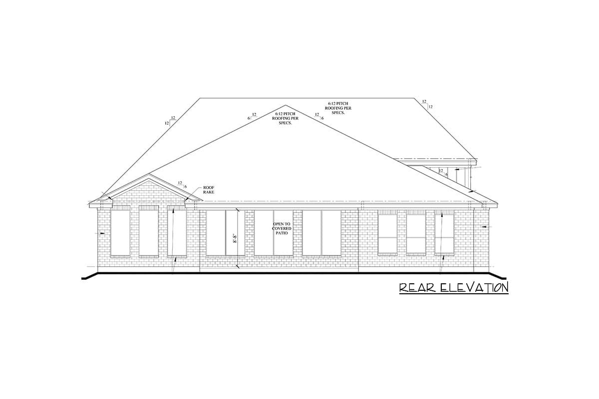 Rear elevation house plan drawing showing a brick facade, multiple windows, and a pitched roof with "open to covered patio" annotation.