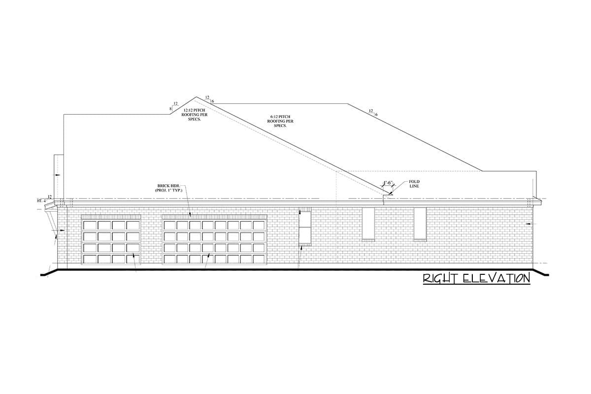 Right elevation house plan drawing with brick facade, multi-pane windows, and varied roof pitches.