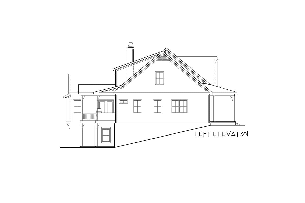 Left elevation house plan drawing showing a multi-story home with a prominent gable, dormer, and wrap-around porch.