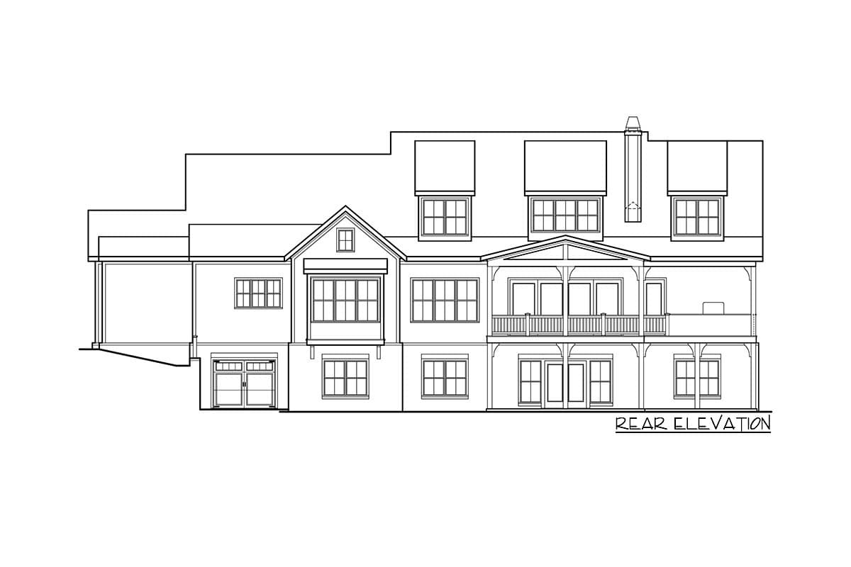 Rear elevation drawing of a multi-story house plan with a two-car garage, multiple dormers, and a covered balcony.