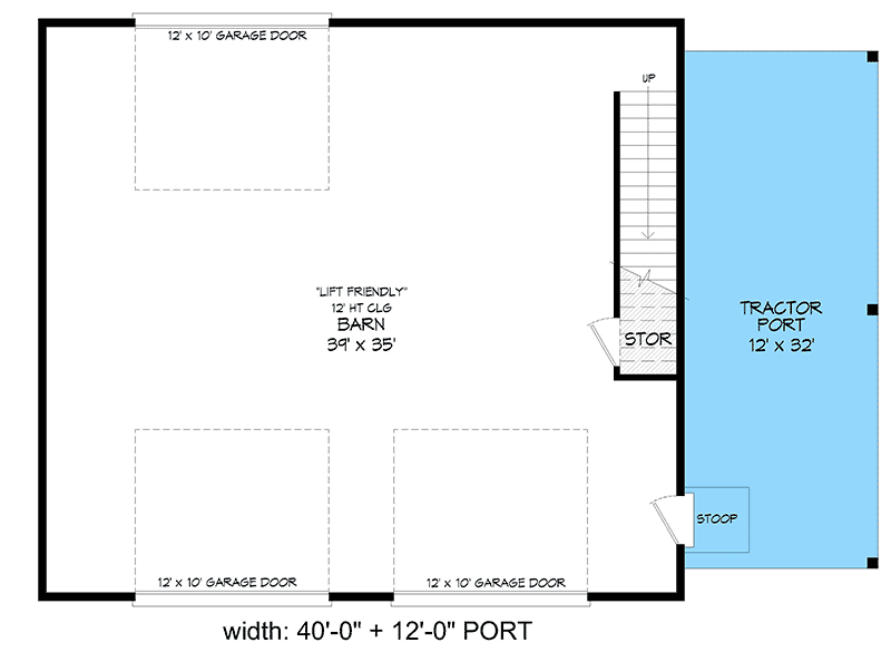 Plan 68792VR: 1440 Sq Ft Lift-Friendly Barn-Style Garage with Loft and Drive-Through Bay - Floor Plan - Main Level - Barndominium, Carriage, Country, Rustic