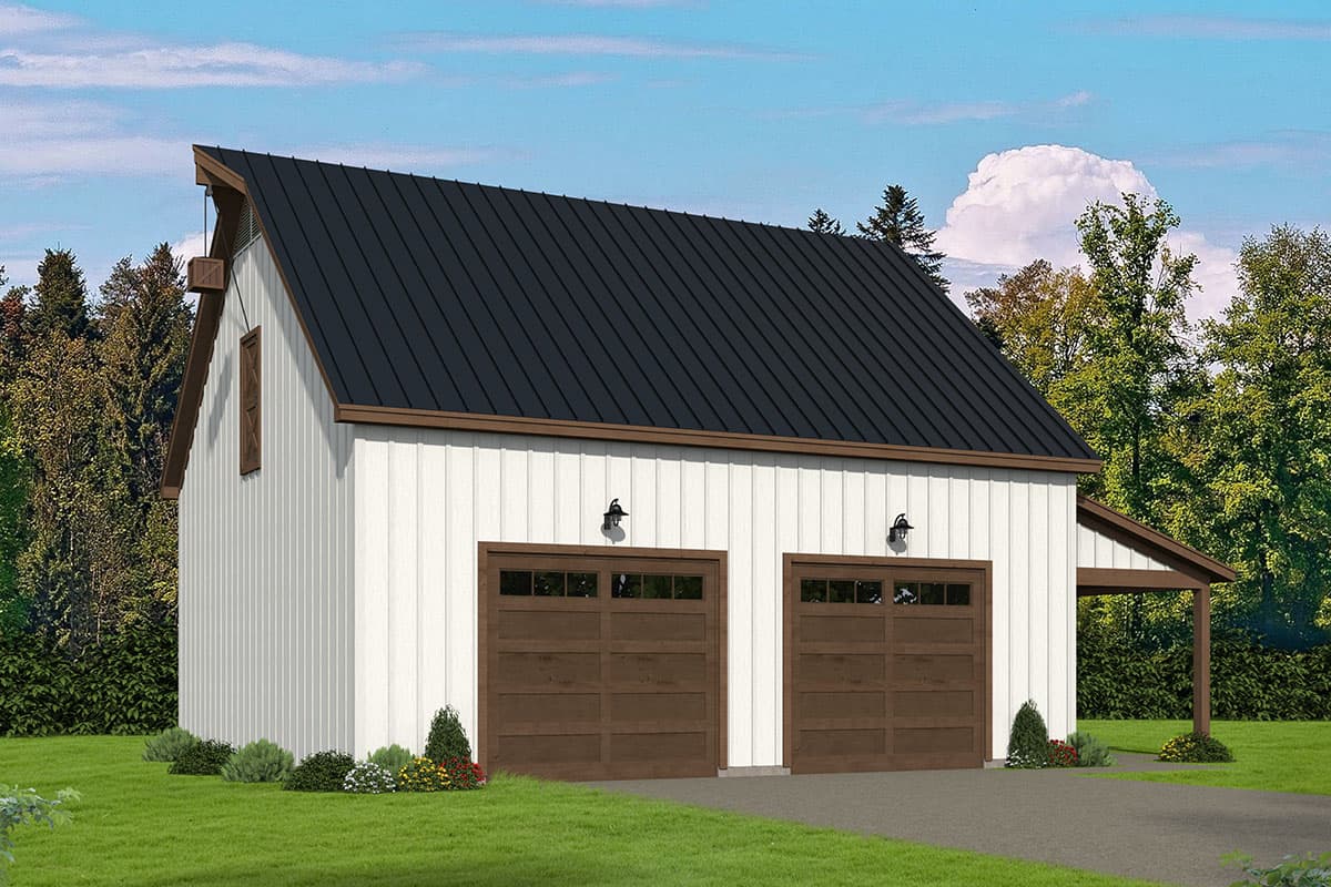 House plan exterior: Two-story modern barn with a black metal roof, white vertical siding, and two wooden garage doors.
