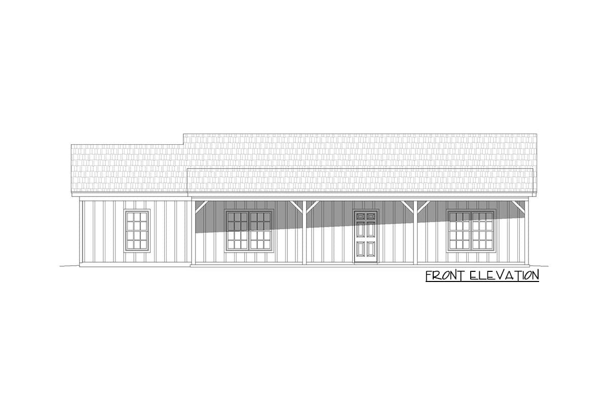 Front elevation drawing of a one-story house with a full-width porch, gable roof, and vertical siding.