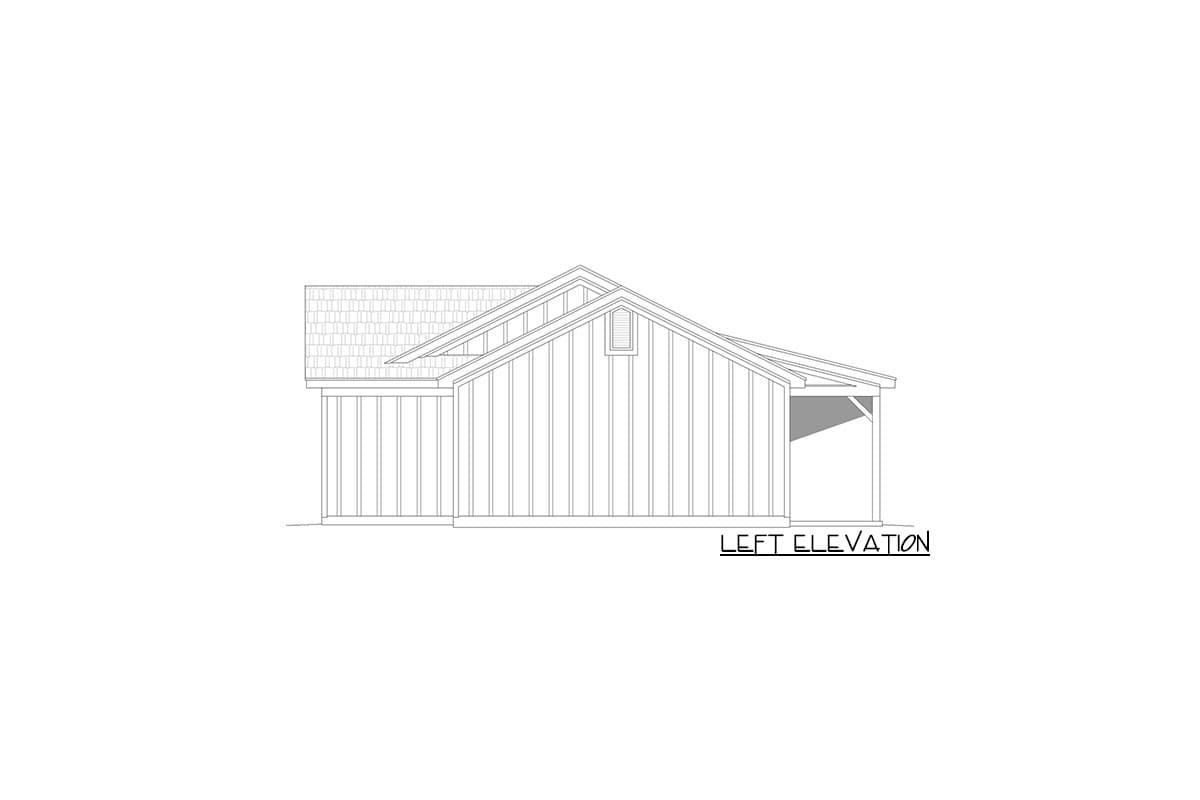 Left elevation drawing of a house plan with board-and-batten siding, a gable roof, and a covered porch.
