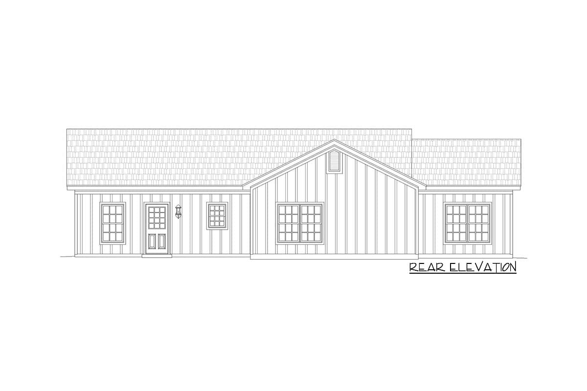 Rear elevation of a house plan, showing a gable roof, vertical siding, a central door, and multiple windows.
